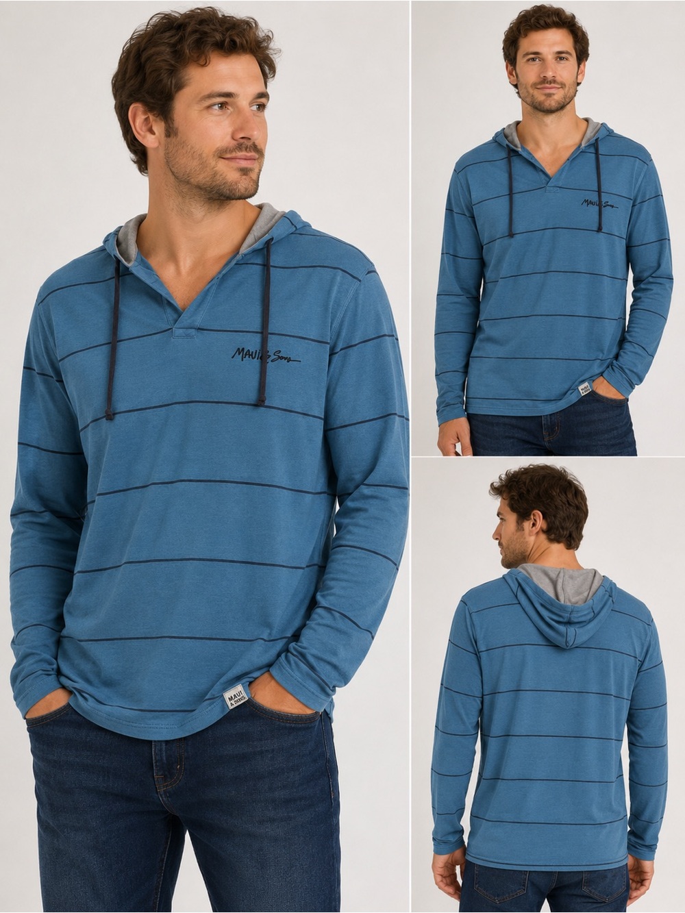 Maui & Sons Men’s Large Dark Blue Striped Lightweight Hooded Shirt
